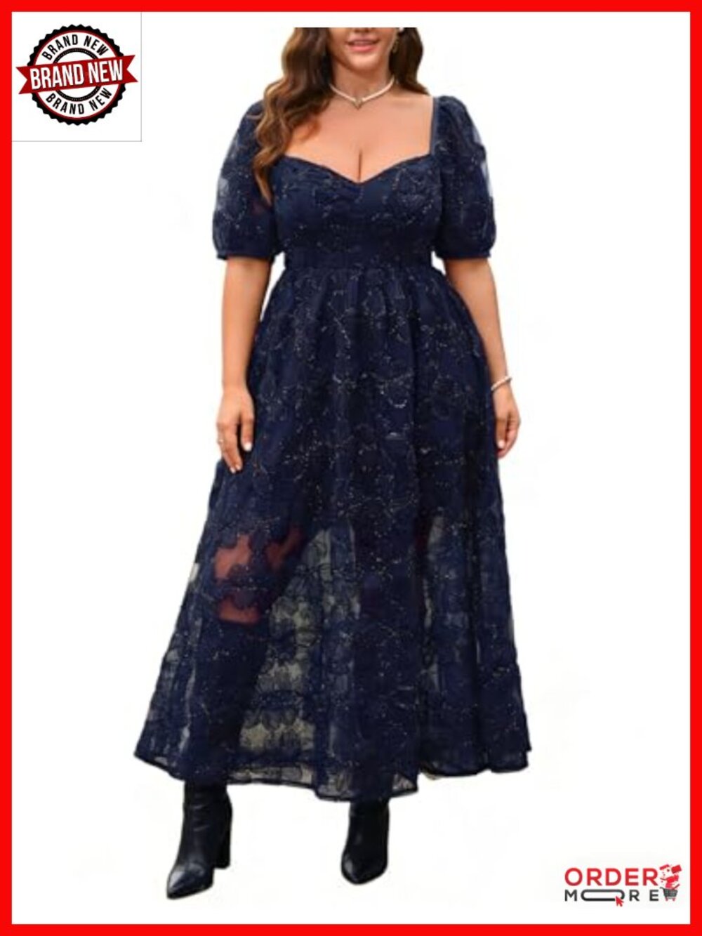 Formal Floral Embroidered Puff Sleeve Midi Dress